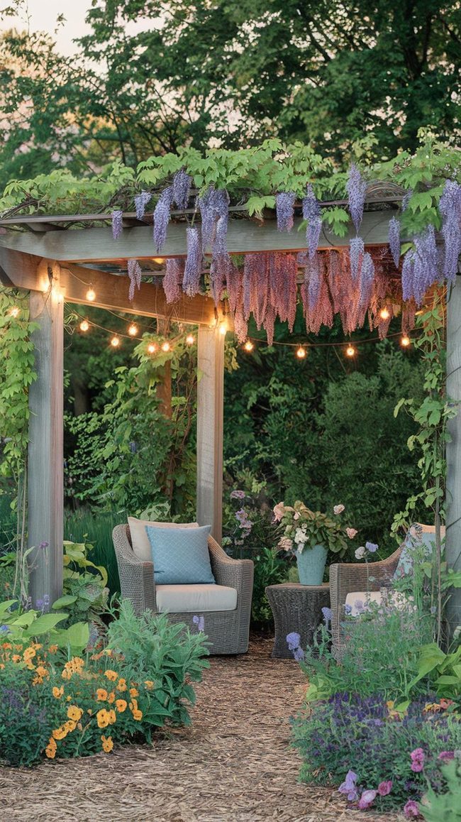 Vine-Draped Pergola with Hanging Lights