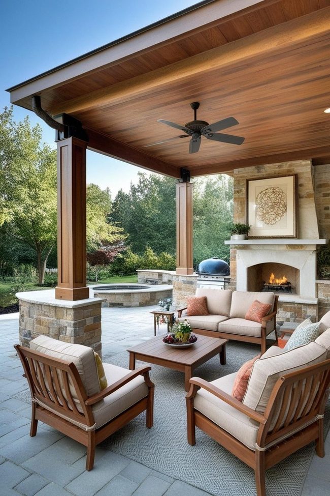 Stone Fireplace Yard Living Extension