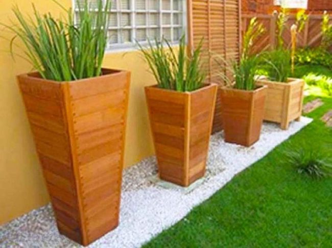 Honey Wood Planters With Flowing Grasses