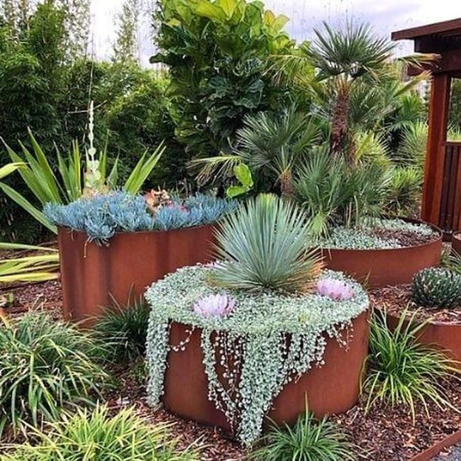 Weathered Metal Planters With Cascading Greenery
