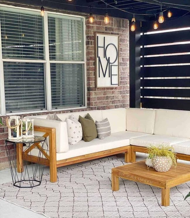 Natural Wood Patio With String Lights