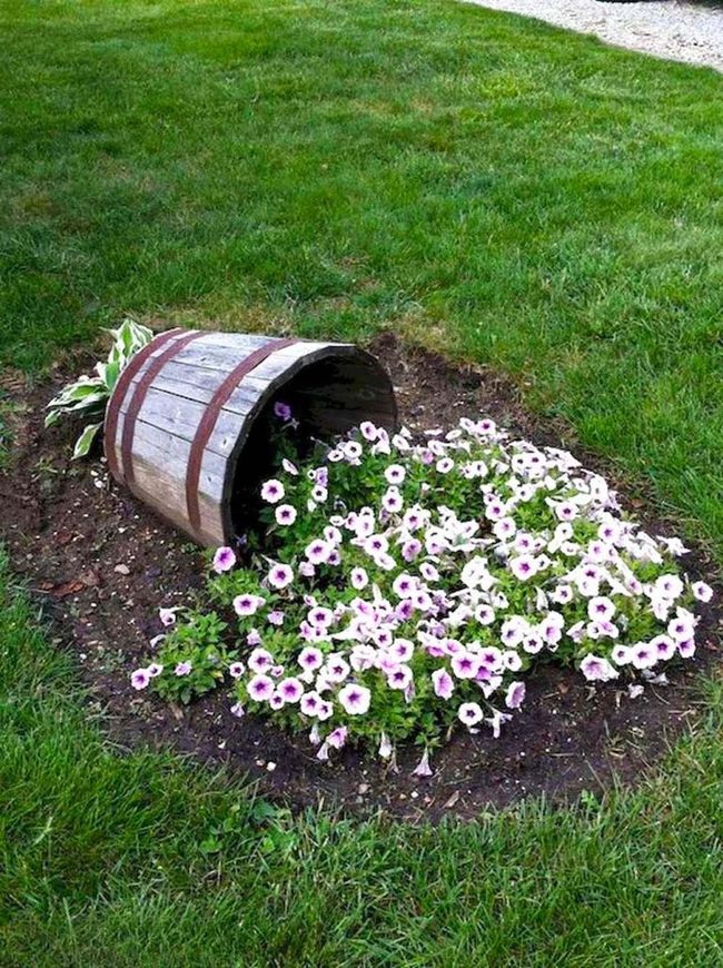 Wooden Barrel Spilled Petunia Display