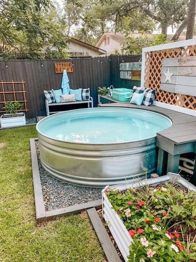 Metal Tub Pool With String Lights