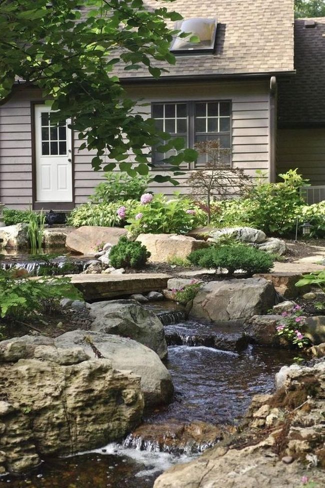 Flowing Stream Through Green Garden