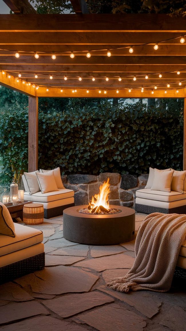 Firepit Seating Area With String Lights