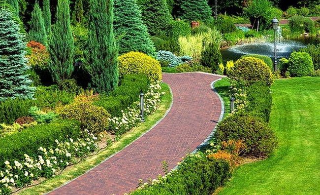 Red Brick Curves Through Garden