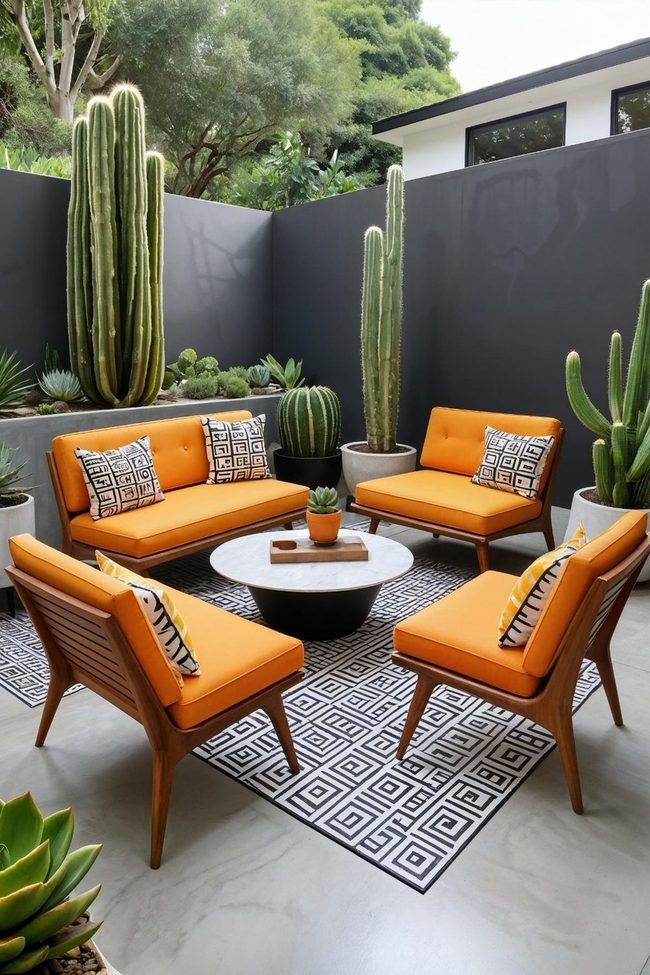Teak Timber Chairs With Geometric Cushions