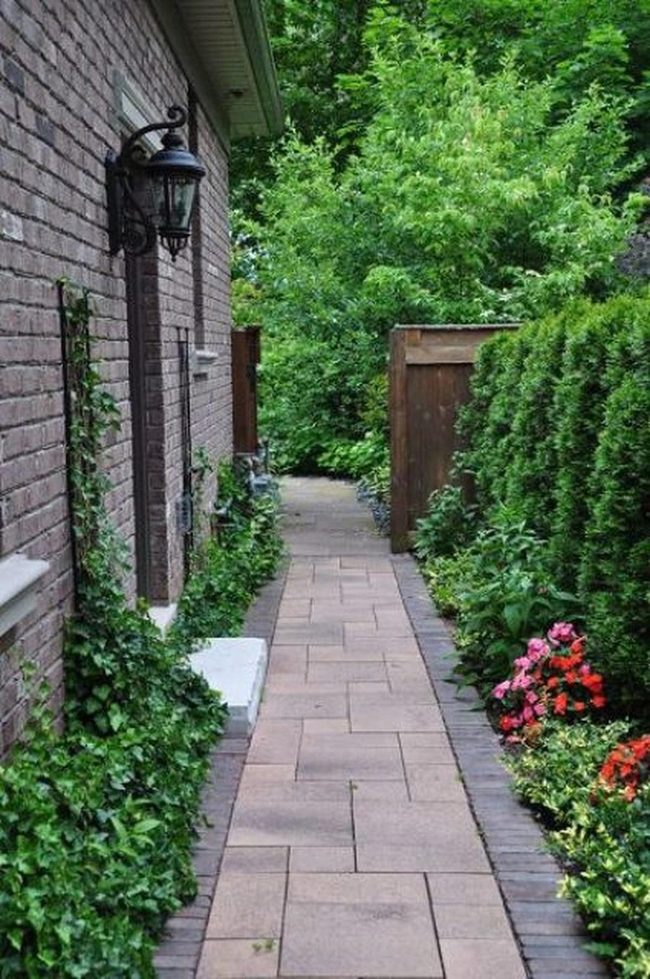 Brick Wall, Blooming Vines, Stone Path