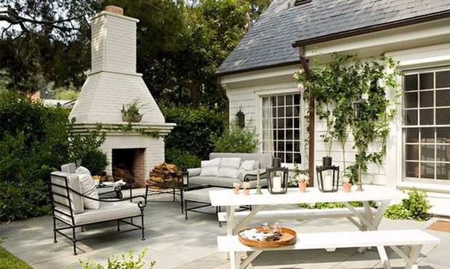 Rough Stone Fireplace Lantern Patio