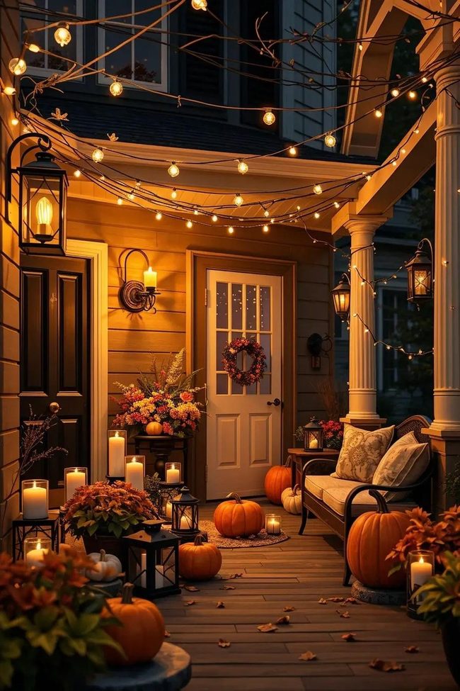 Golden Uplighting Transforms Autumn Porches