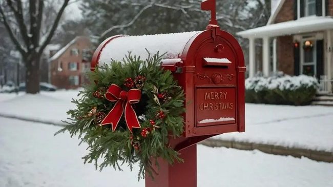 Festive Red Mailbox With White Snow