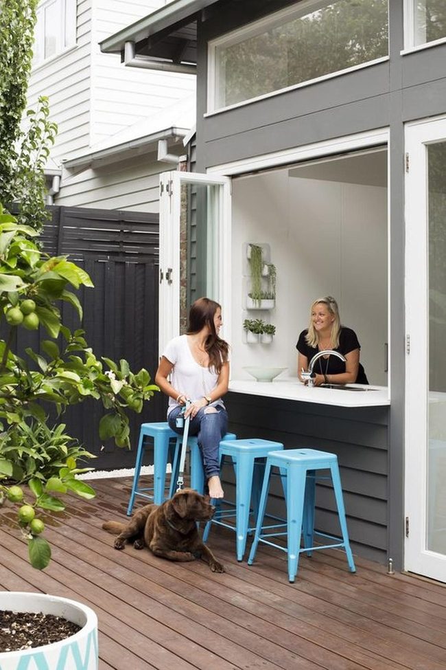 Blue Stools Dark Wood Deck