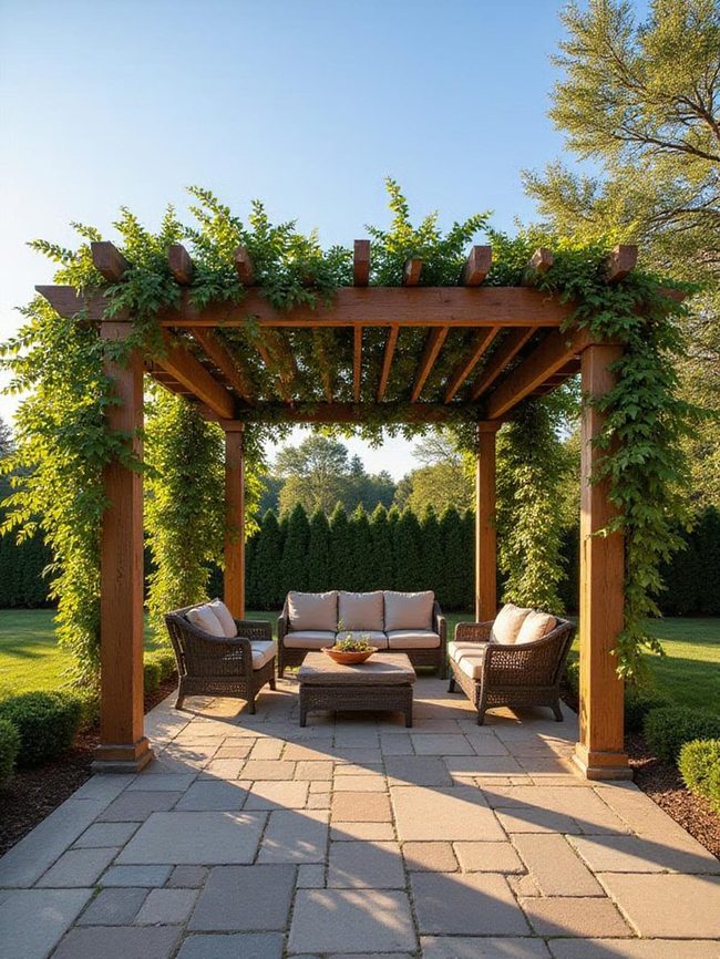 Dark Wooden Pergola With Climbing Vines