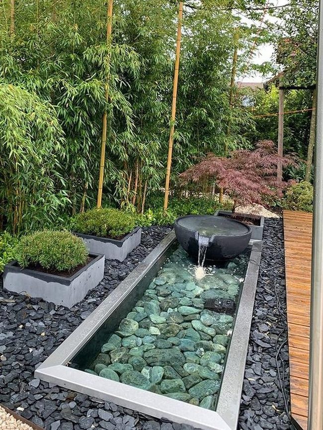 Black Fountain Garden With Purple Accents