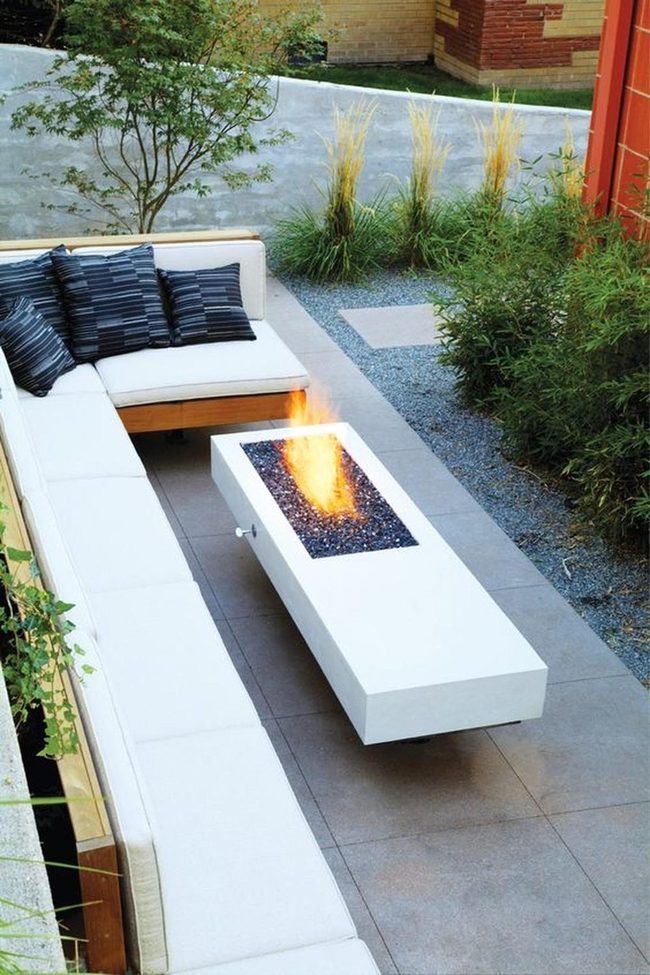 White Curved Benches, Central Fire Pit