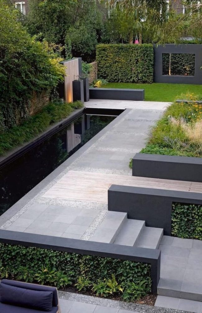 Stone Pool Garden With Night Lights
