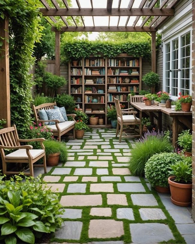 Bookshelf Flowers Garden Paths