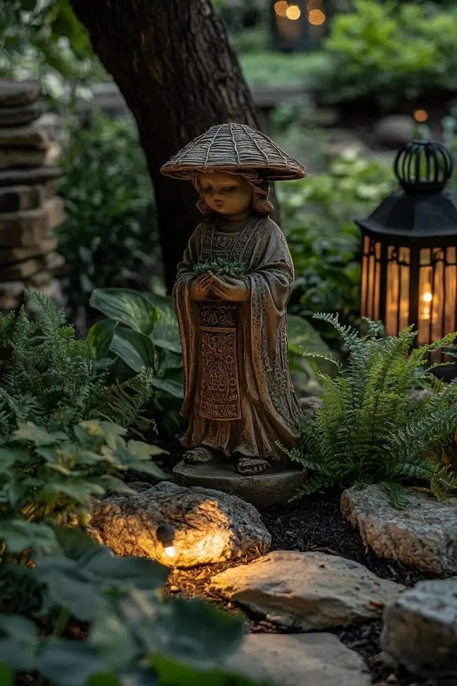 Stone Statue Garden At Dusk