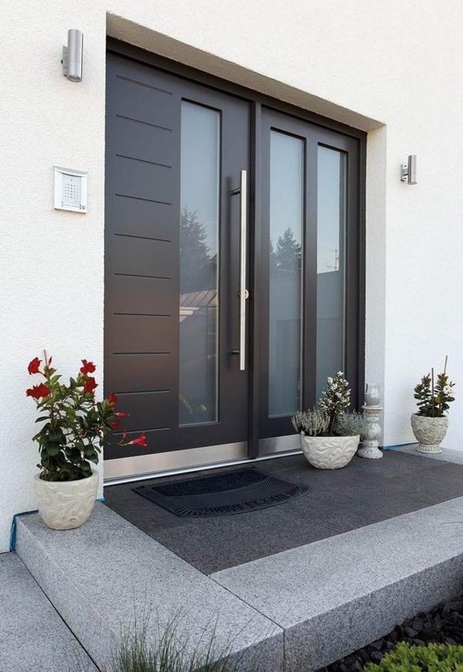 Dark Gray Doors, Silver Handles, Fresh Greenery