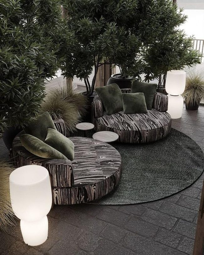 Black And White Seating With Dark Green Accents