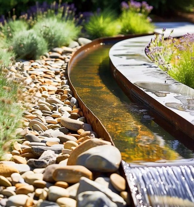 Reflective Stream With Purple Blooms