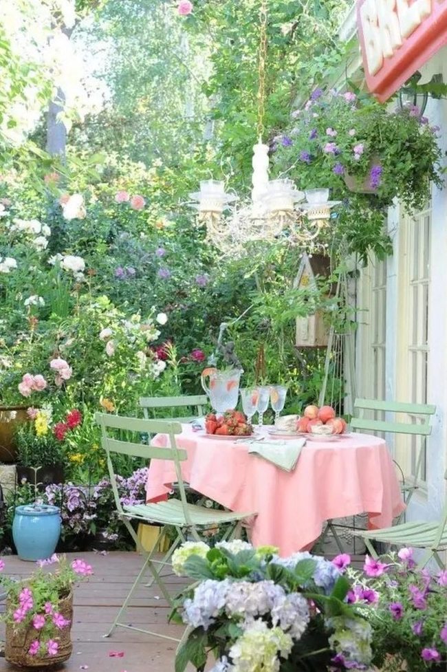 Pink Tables Under Hanging Chandeliers