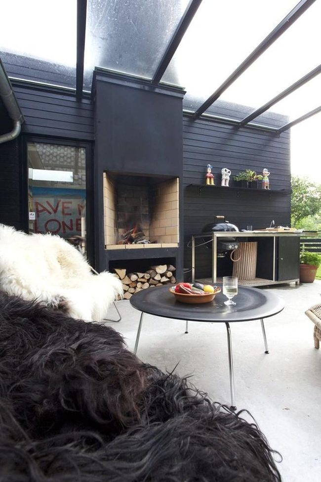 Black Fireplace Anchors Covered Outdoor Living