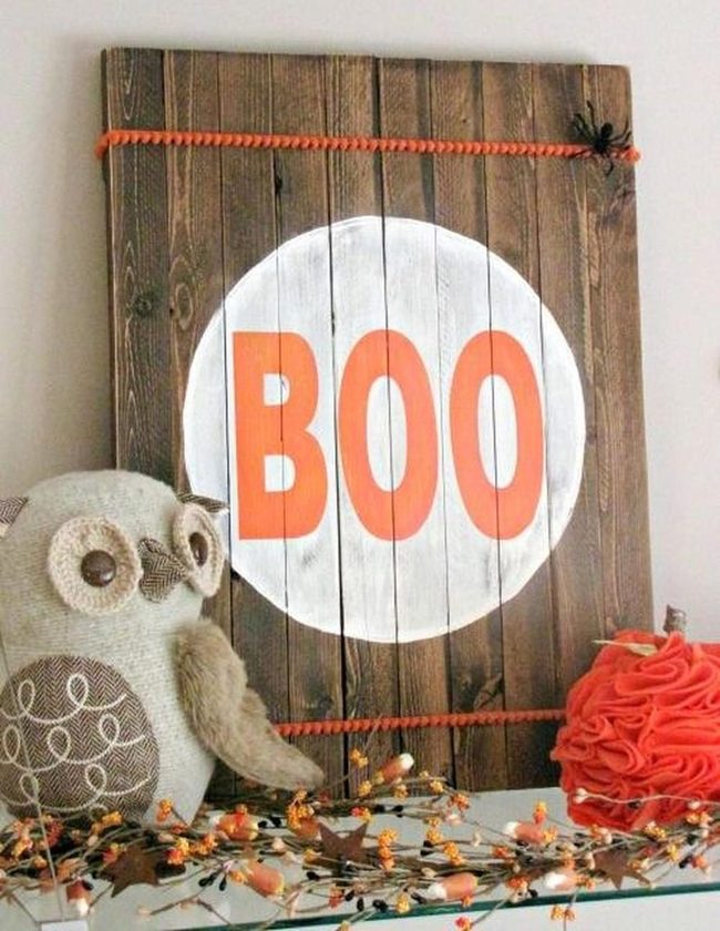 Wooden Boo With Orange Pumpkin Accents