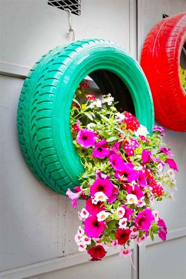 Turquoise Tires Overflow Petunias