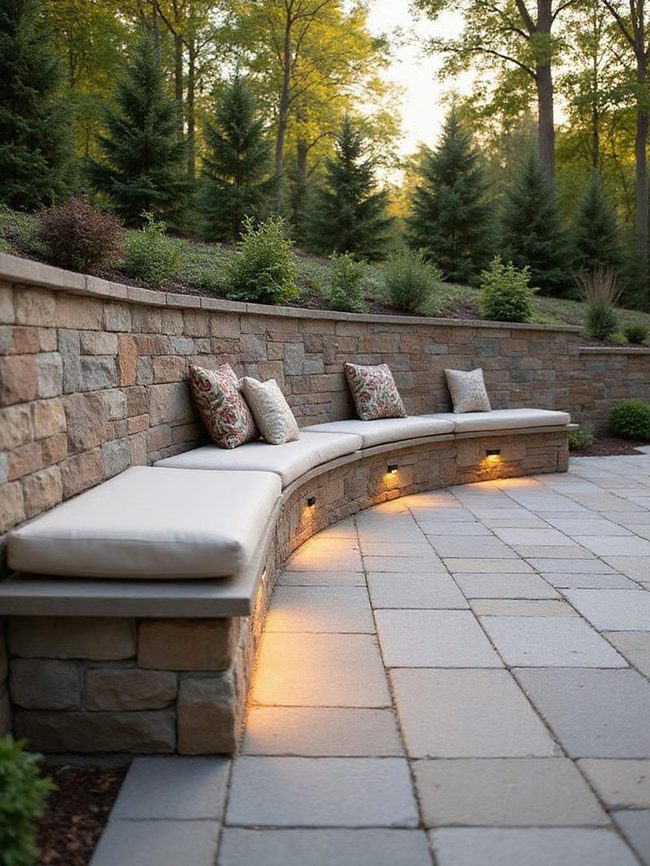 Masonry Wall Bench With Stacked Cushions