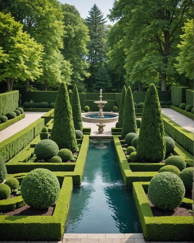 Symmetrical Boxwood Pool Framing