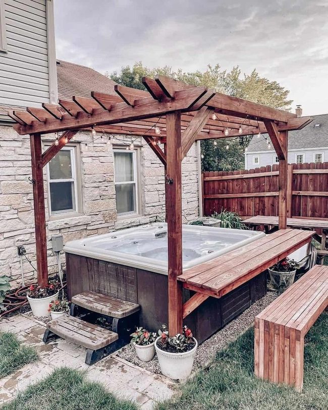 Hot Tub Oasis Under Wood Pergola
