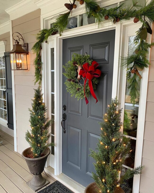 Festive Greenery with Red Bow Door Display