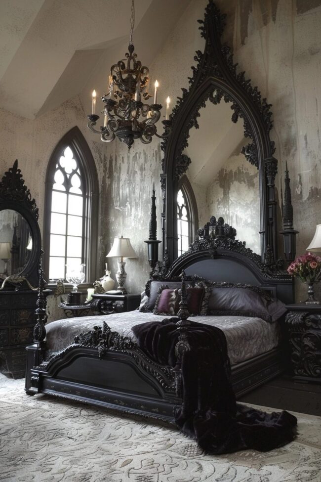 Gothic Bedroom Featuring Reflective Details