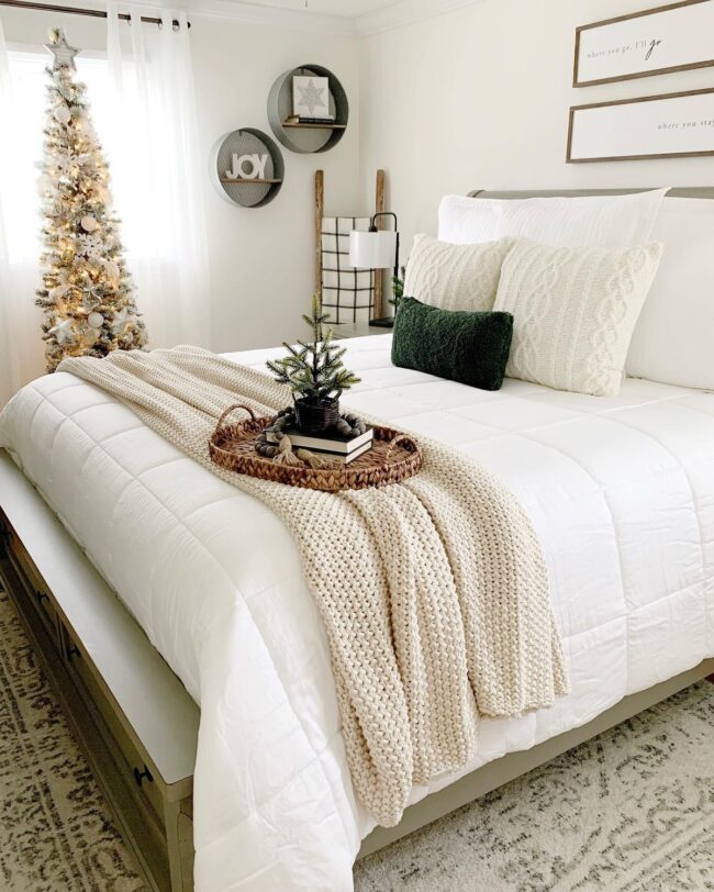 Serene Christmas Bedroom with Neutral and Green Touches