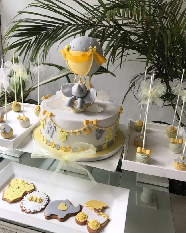 Whimsical Hot Air Balloon Elephant Cake