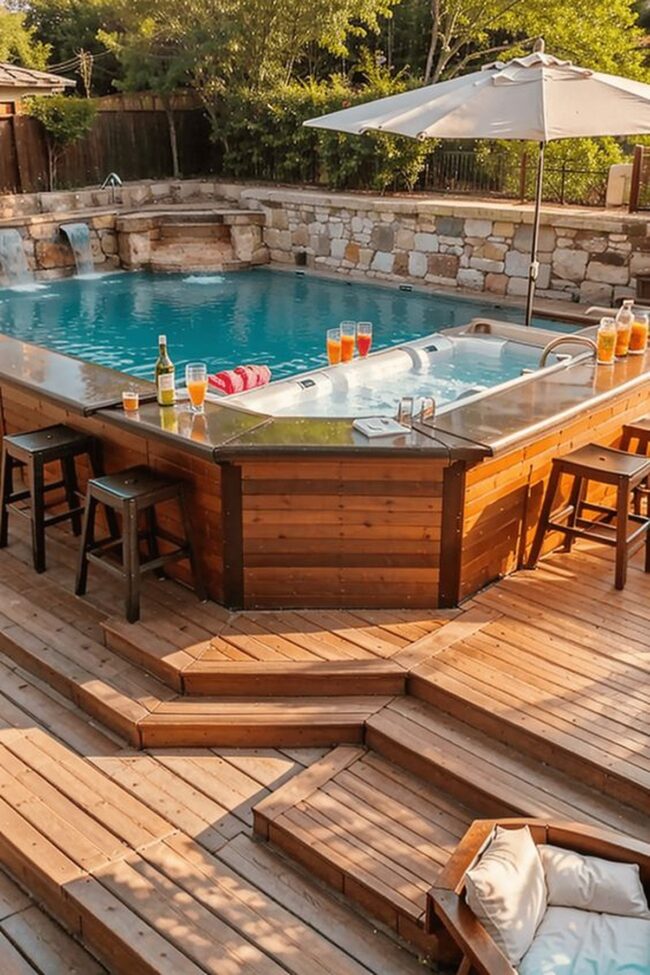 Stylish Pool Deck Featuring Bar Seating